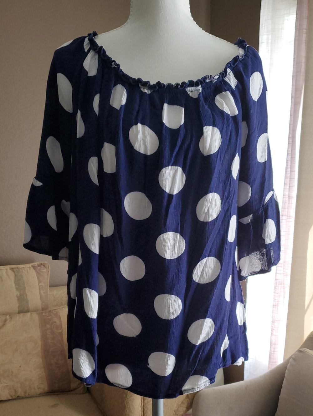 Unique Spectrum Navy Blue and White Polka Dot Off-Shoulder Tunic